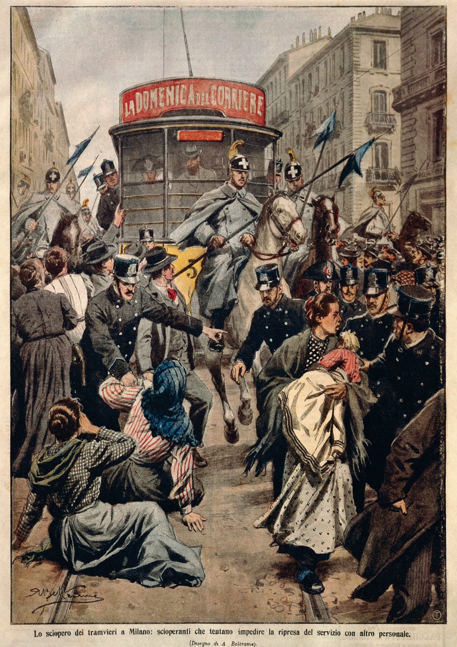 Sporvognsstrejke i Milano, af Achille Beltrame, illustration, Illustrator Achille Beltrame (1871-1945), fra La Domenica del Corriere af Achille Beltrame