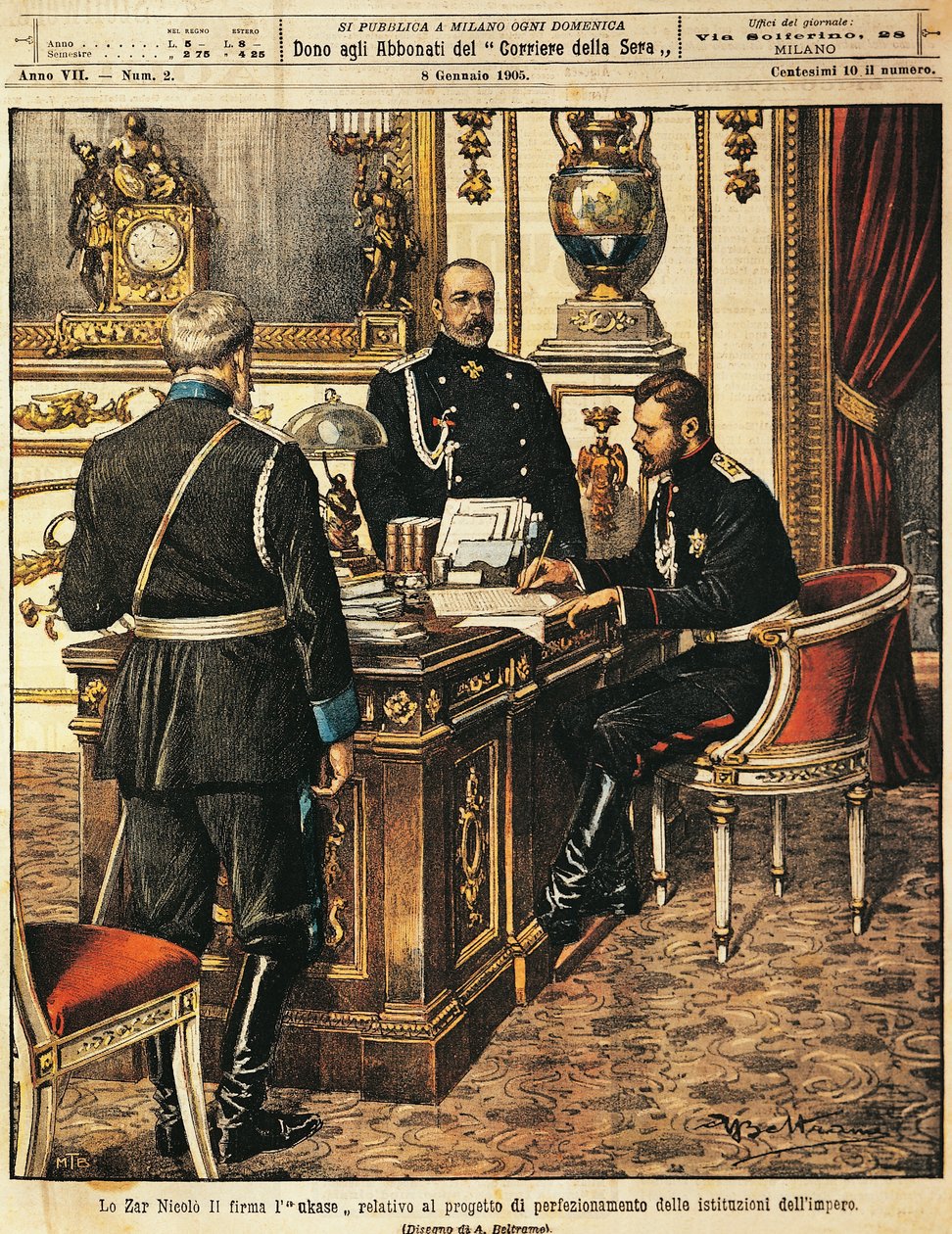 Zar Nicholas II underskriver projekt for institutionelle reformer, af Achille Beltrame (1871-1945), fra La Domenica del Corriere, 8. januar 1905 af Achille Beltrame