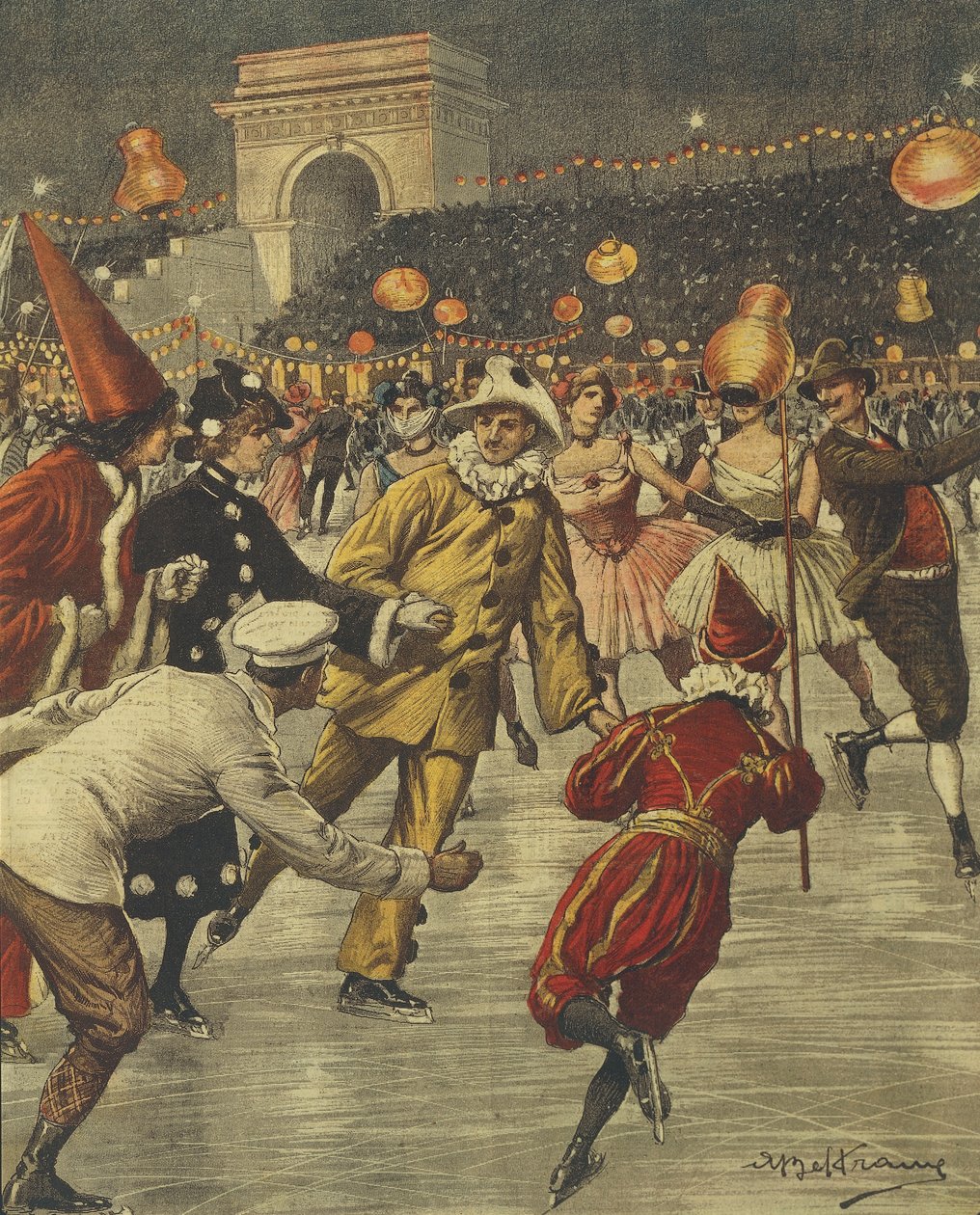 Typisk kostumefest på is ved Aren i Milano, af Achille Beltrame, illustration, Illustrator Achille Beltrame (1871-1945), fra La Domenica del Corriere af Achille Beltrame