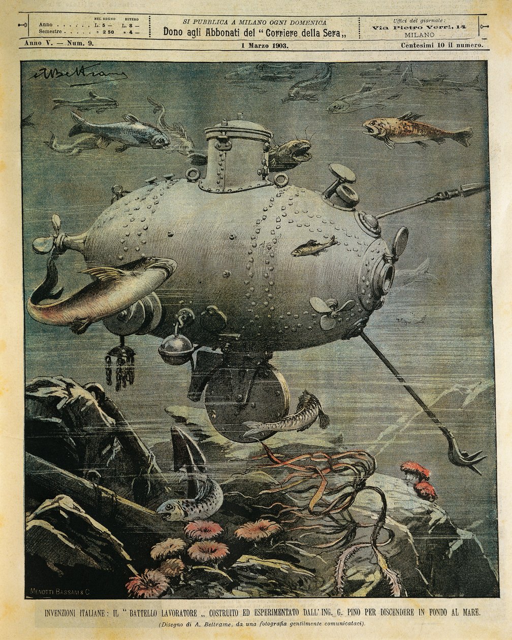 Undersøisk havfartøj til udforskning af havbunden, illustration af Achille Beltrame (1871-1945), fra La Domenica del Corriere, 1. marts af Achille Beltrame