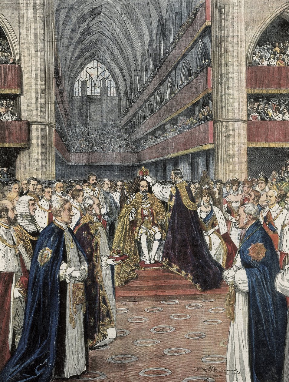 Storbritannien (1901). Kroningen af Edward VII i Westminster Abbey. Illustration af Achille Beltrame udgivet i Domenica del Corriere. Gravering. af Achille Beltrame