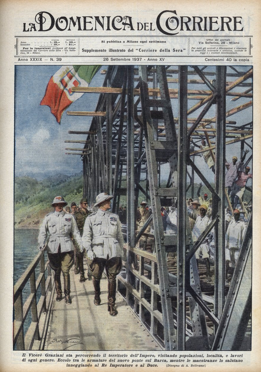 Vicekonge af Etiopien Rodolfo Graziani, krydser abessinisk territorium. Illustration af Achille Beltrame fra "La domenica del corriere"" af 26/09/1937. af Achille Beltrame