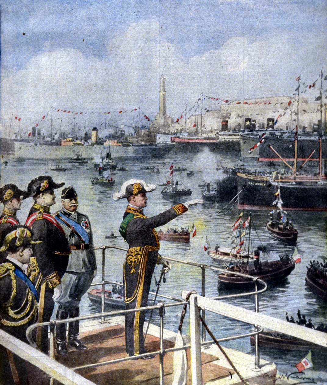 Besøg af Benito Mussolini i Genova. The Duce hilser byen fra Esperia-broen. Syg. de Beltrame. Kurerens søndag, 6/06/1926. af Achille Beltrame
