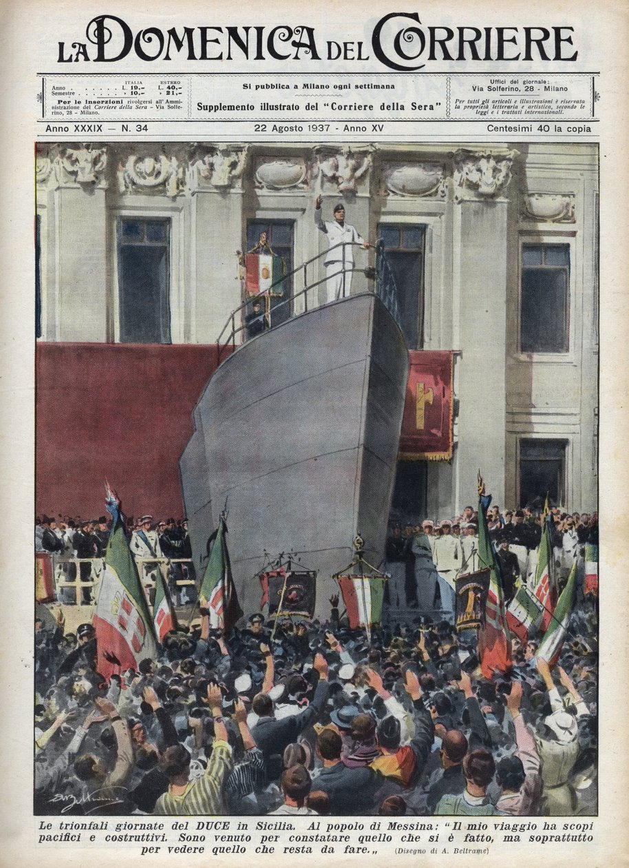 Besøg af hertugen Benito Mussolini til Messina under en rejse til Sicilien. Illustration af Achille Beltrame fra "La domenica del corriere"" af 22/08/1937. af Achille Beltrame