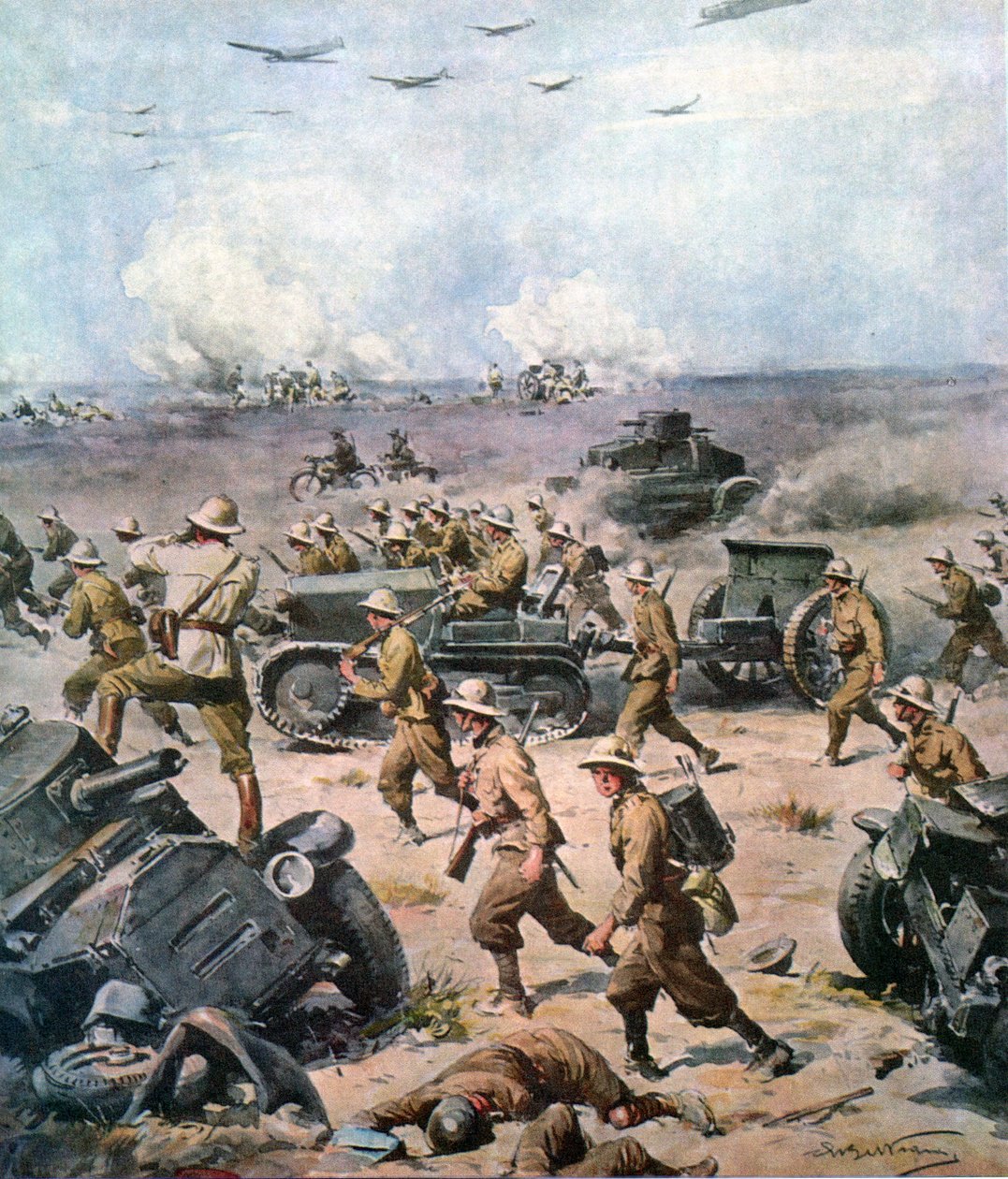 WWII-1940 Nordafrikansk kampagne - Den italienske invasion af Aegypten, La Domenica del Corriere 22. september 1940 af Achille Beltrame