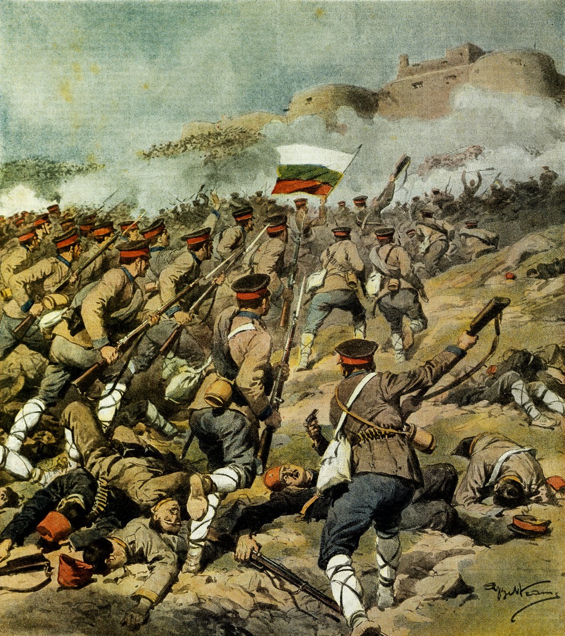 War of Five Nations, bulgarsk hær rykker frem mod Adrianopel og fanger Kirk Kilisse og imponerende militærbytte, Af Achille Beltrame (1871-1945), illustration fra La Domenica del Corriere, 3. november 1912 af Achille Beltrame