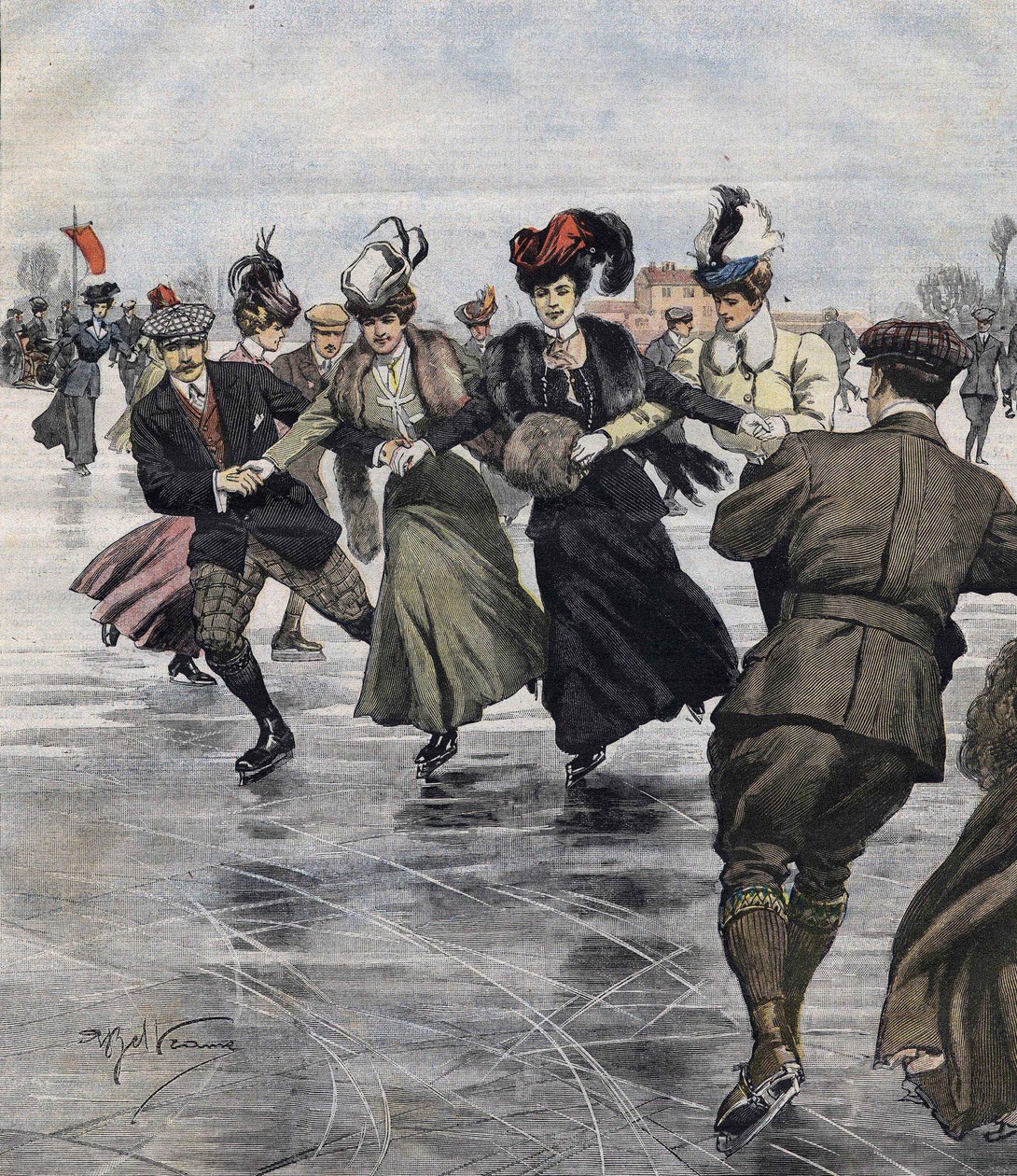Vinter sjov. Skatere. illustration af Achille Beltrame i 1907. af Achille Beltrame