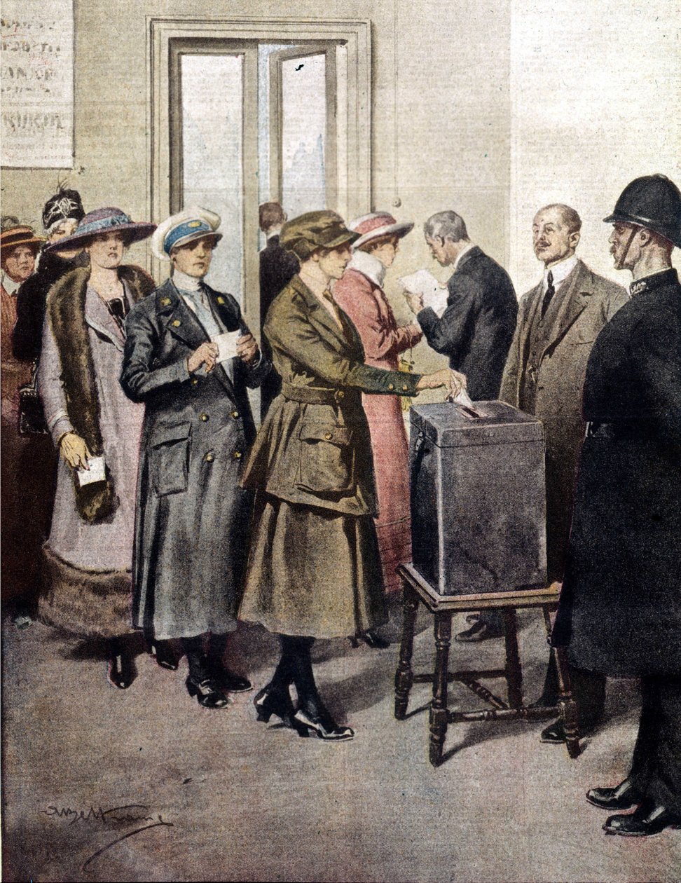 Kvinder stemte for første gang i England. 1919. Illustration af A. Beltrame. La Domenica del Corriere. af Achille Beltrame