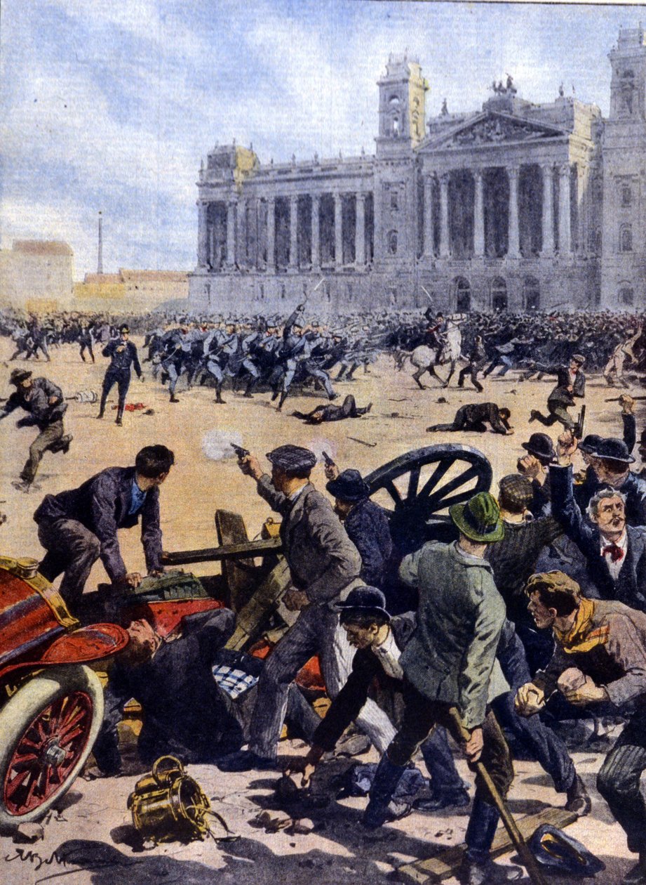 Arbejderoprør i Budapest i 1912 for almindelig valgret. af Achille Beltrame