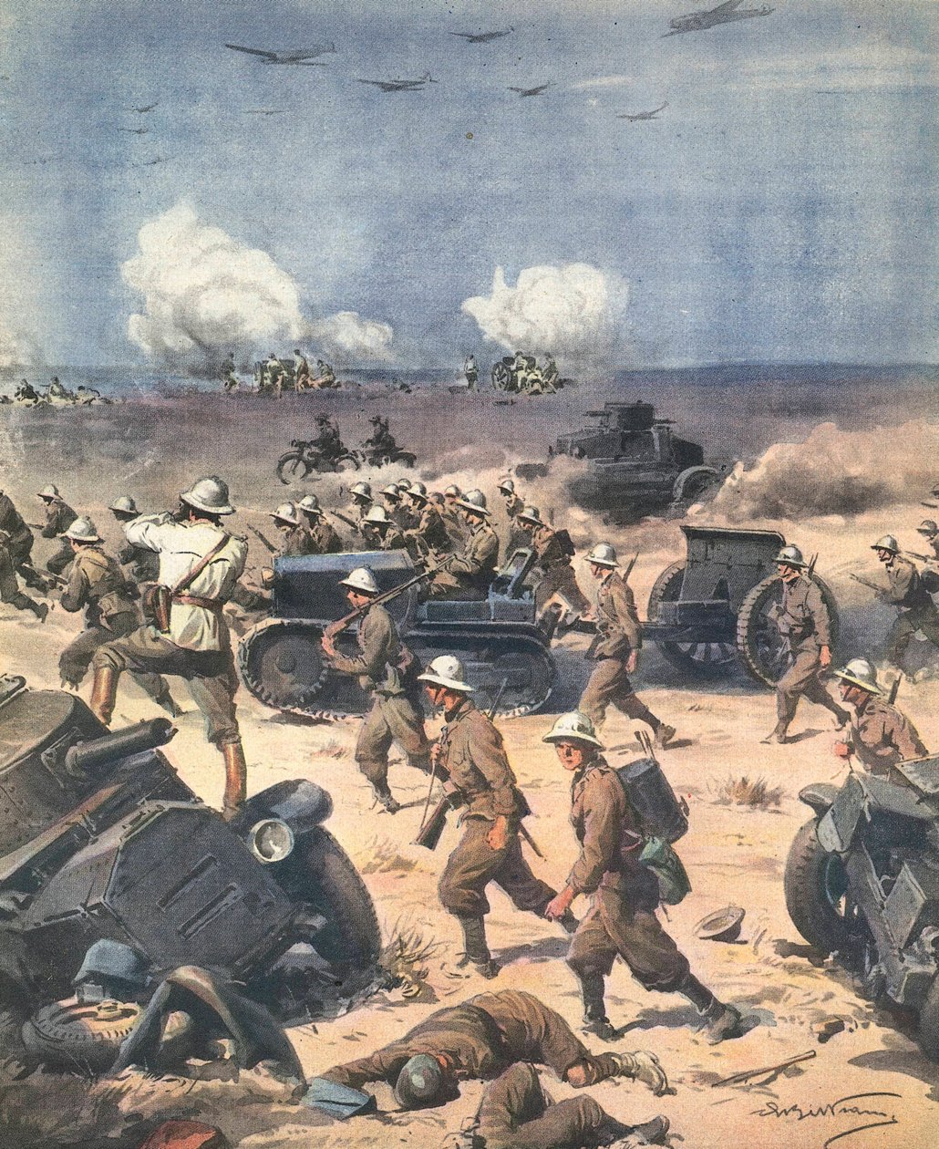 Anden Verdenskrig. Libyen (nordafrikansk kampagne). Italienske tropper i Cyrenaica rykker til Egypten. Illustration af Antonio Beltrame. "La Domenica del Corriere". 22. september af Achille Beltrame