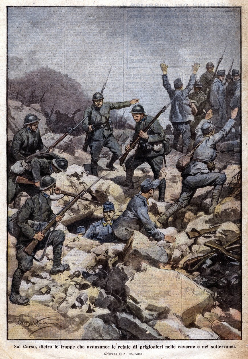 Første Verdenskrig: Italiensk front på Carso-plateauet (Trentino) og fanger i undergrunden. "Domenica del Corriere". 07/1917 (litografi) af Achille Beltrame