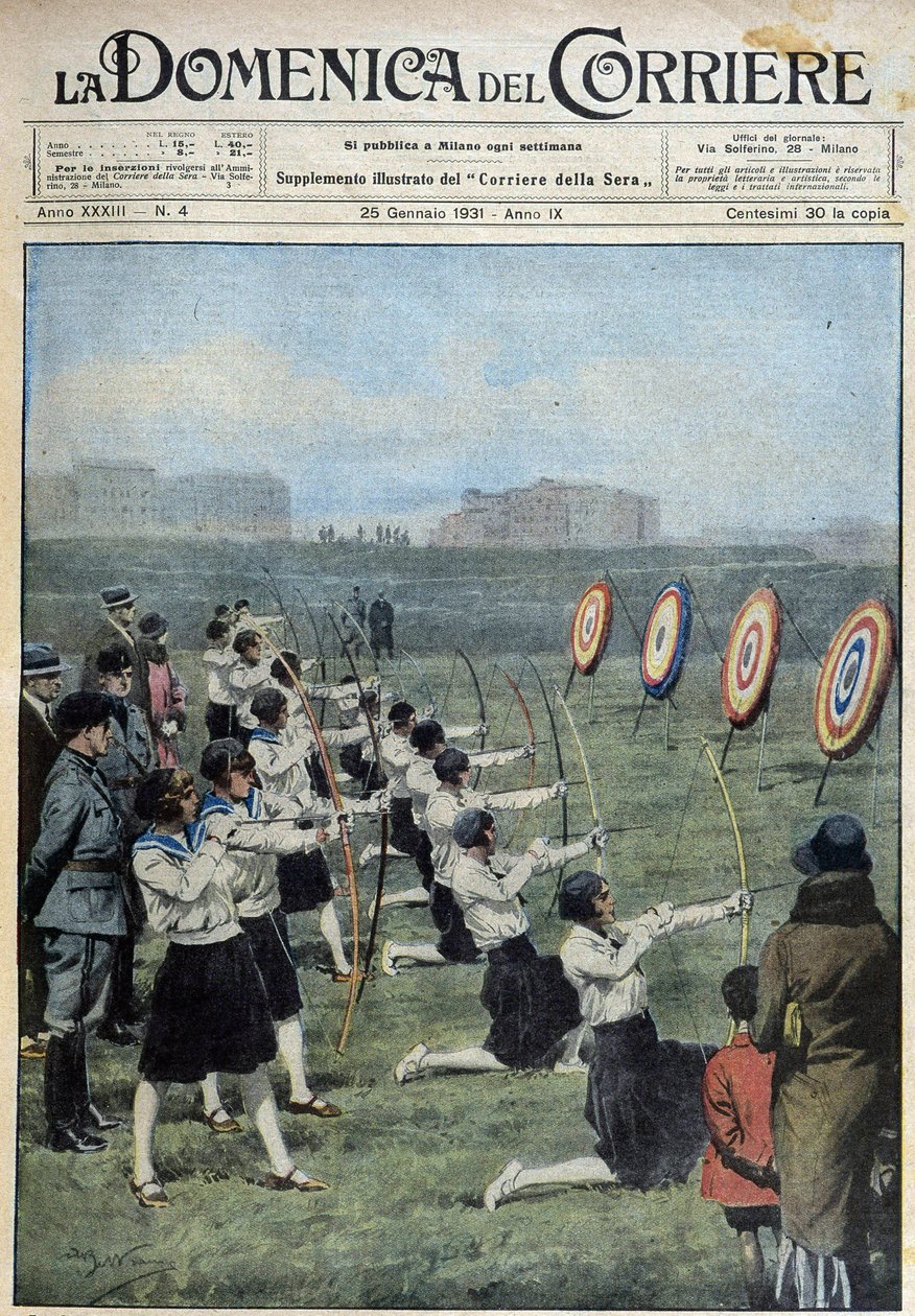 Unge italienere trænes i fysisk træning som hyldest til den gamle maksime "Et sundt sind i en sund krop"". På det romerske landskab ved Tiberfloden dyrker en gruppe piger bueskydning - dess. de A. Beltrame i "" la Domenica del Corriere""" af af Achille Beltrame