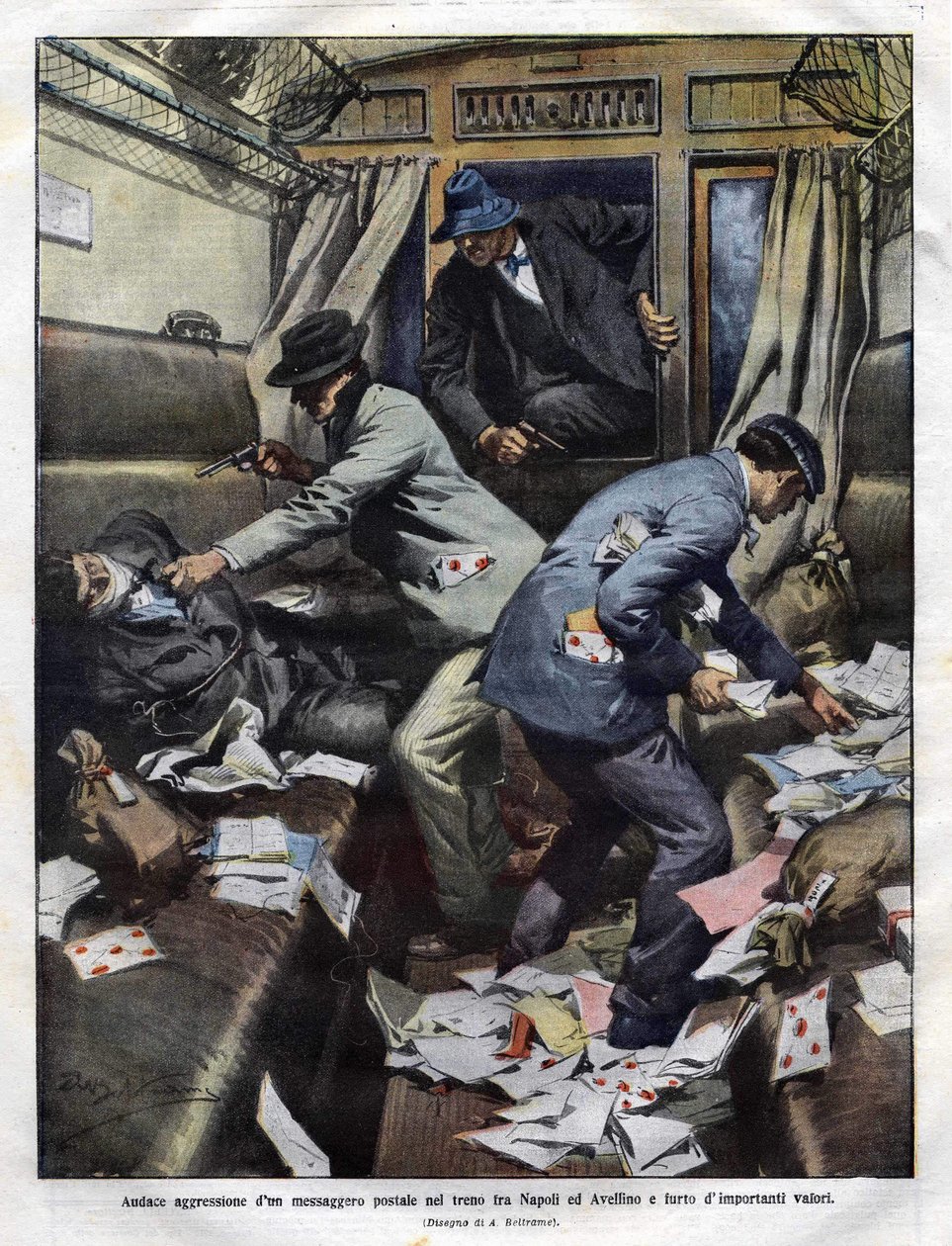 banditter ved overfaldet i et posttog mellem Napoli og Avellino i 1910. Achilles Beltrame-illustration til Domenica del corriere. af Achille Beltrame