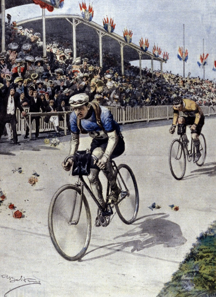 cykelrytter Peer Breton Vinder af Tour de France i 1908. illustration af Achille Beltrame. af Achille Beltrame