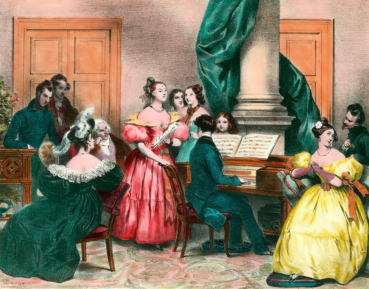 En musikalsk eftermiddag i familien Gravering af Achille Deveria (1800-1857) Gravering af det 19. århundrede. Privat samling af Achille Devéria