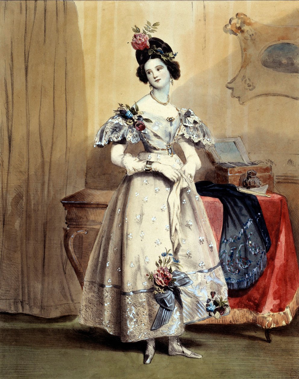 Klokken elleve om aftenen ung pige på aftentoilet (Akvarel) 1800-tallet af Achille Devéria