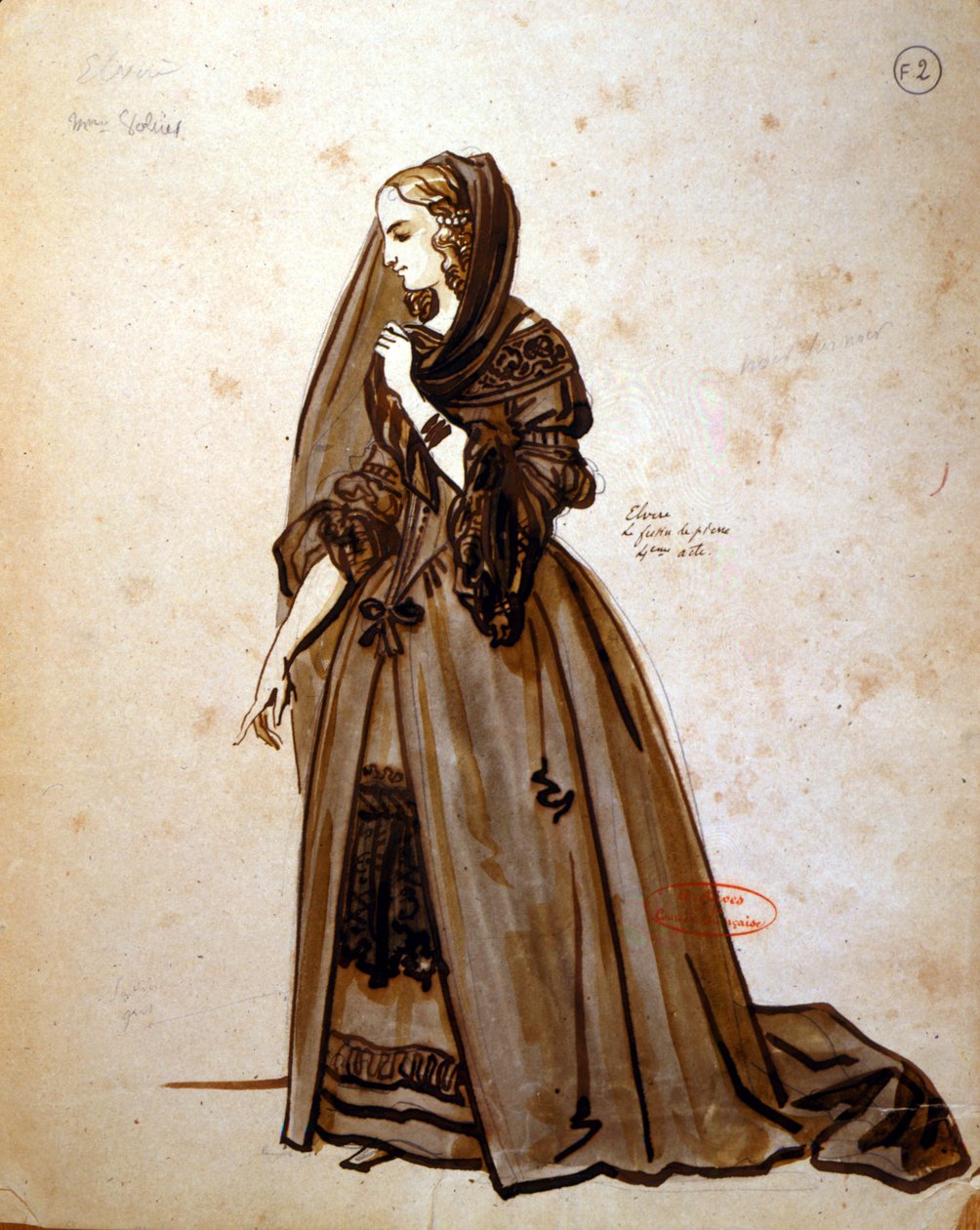 Kostumedesign til rollen som Dona Elvire i en produktion fra 1847 af 