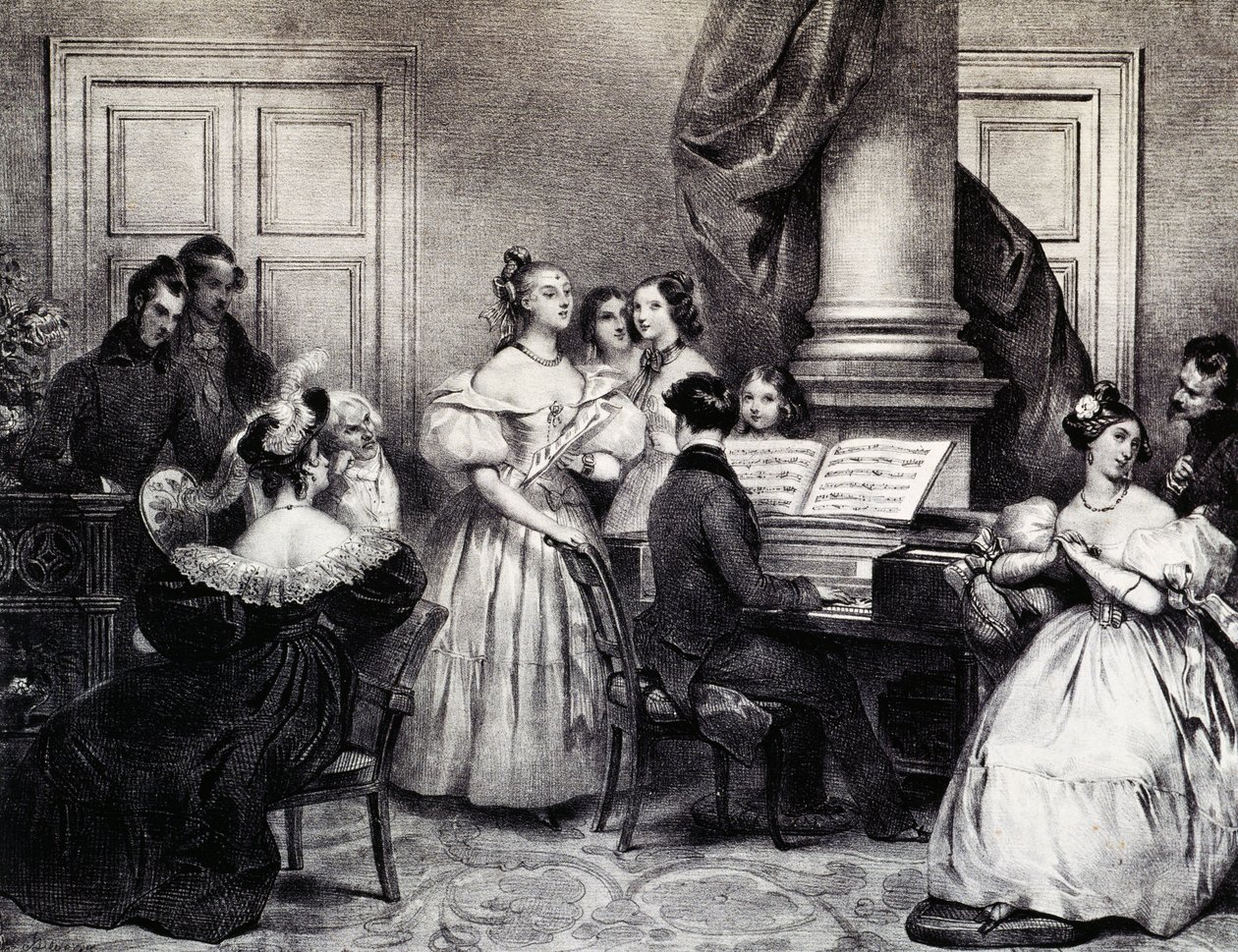 Familiekoncert med klaver, af Achille Deveria (1800-1857), gravering, Frankrig af Achille Devéria