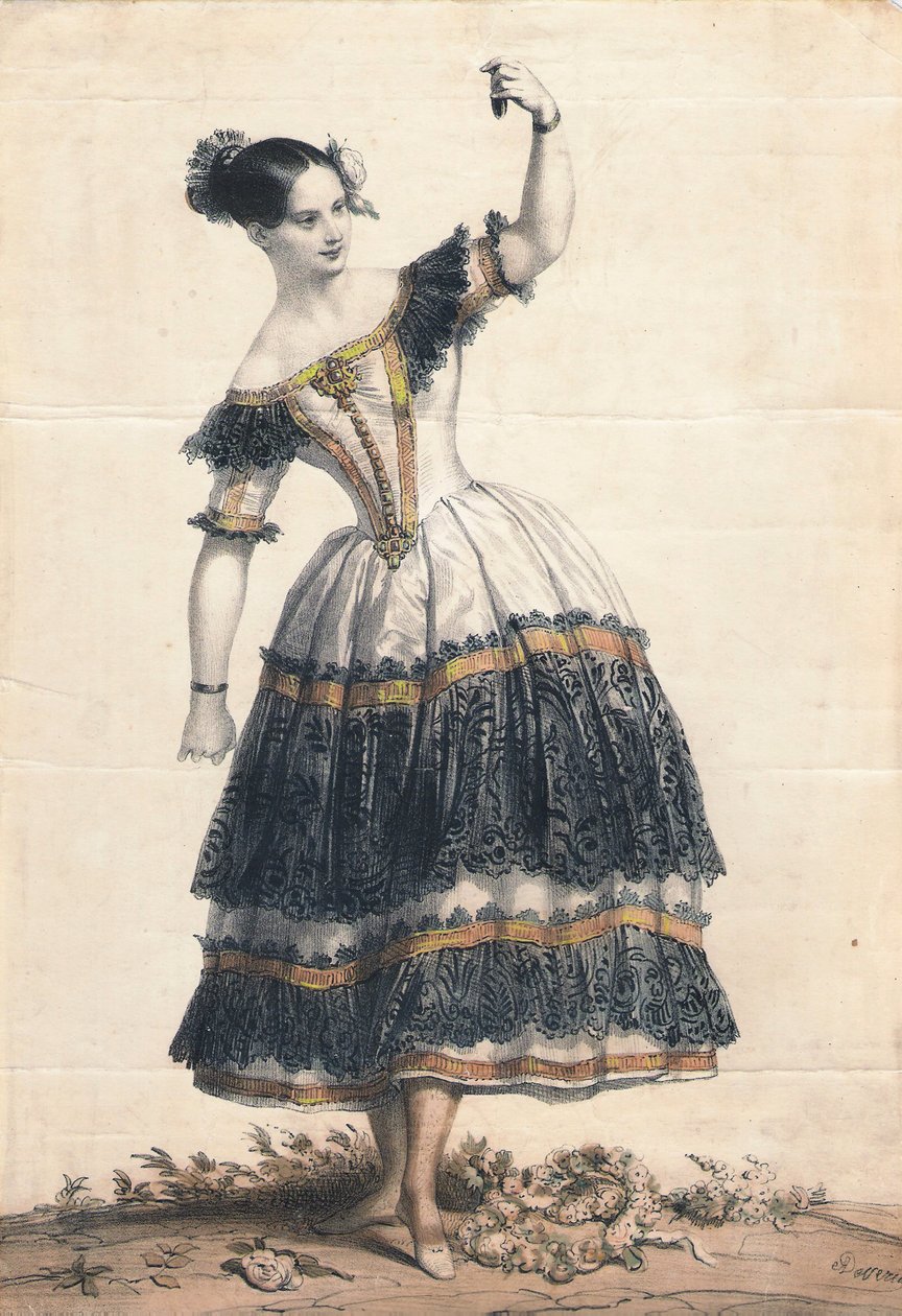 Fanny Elssler som Florinda i dansen La Cachucha-balletten Le Diable lame, 1836 af Achille Devéria