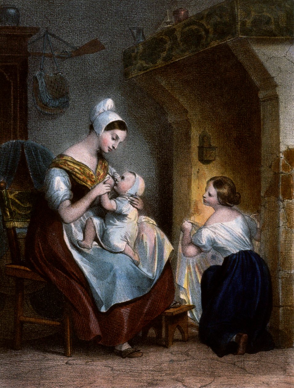 Sygeplejerske, der ammer en baby. Litografi, ca. 1850 af Achille Devéria