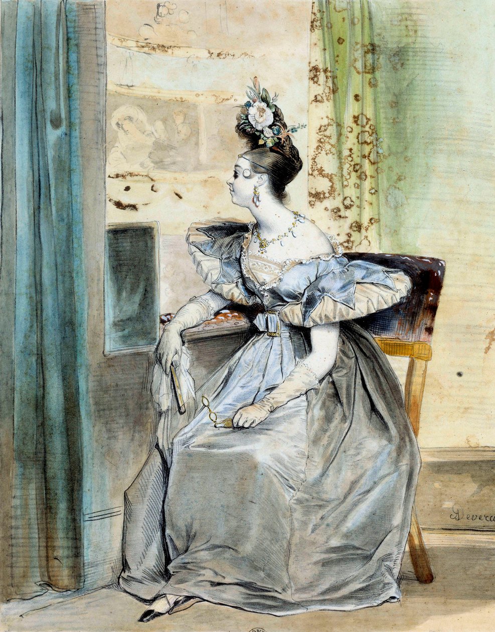 Portræt af Marie Nodier i en teaterloge ved 10-tiden. Hans far Charles havde en litterær salon, som blev frekventeret af romantikere (Victor Hugo, Lamartine, Vigny, Dumas, Liszt), og hun var muse for nogle af dem. Akvarel af gravering af Achille Deveria (1 af Achille Devéria