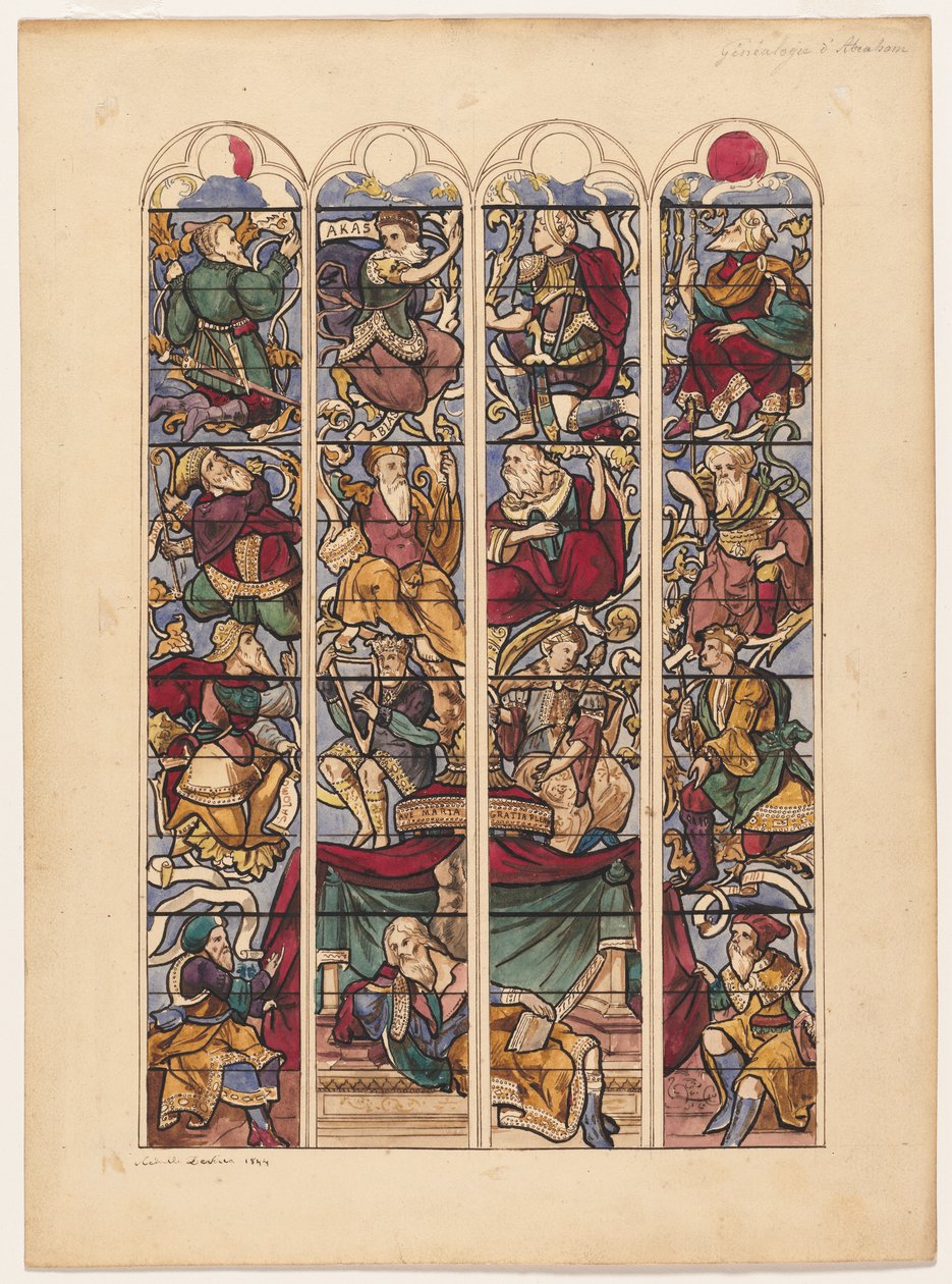 Studie til fire farvede glasvinduer Généalogie dAbraham, 1844. af Achille Devéria