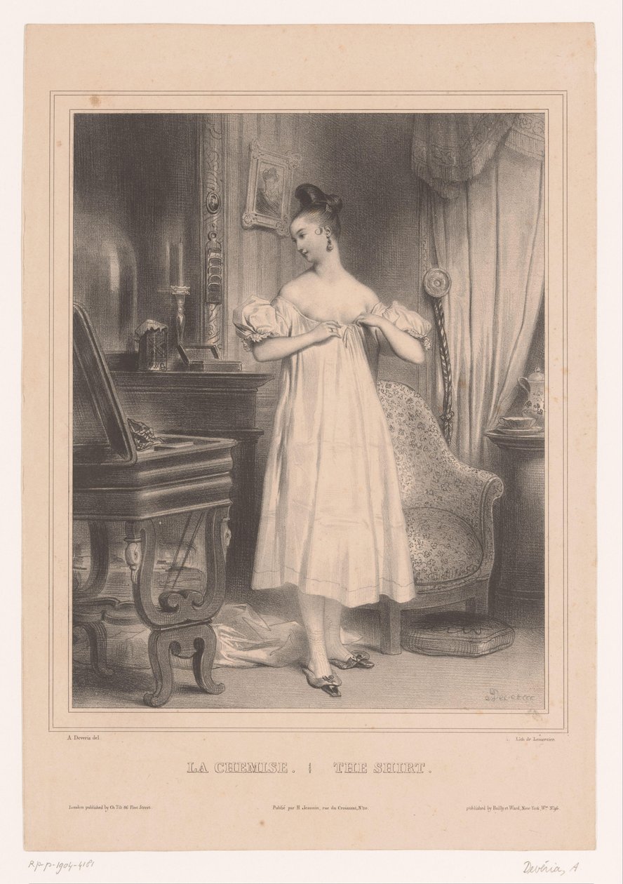 Ung kvinde i sin slip La chemise / Skjorten (titel på objekt) Dametøj (serietitel) af Achille Devéria