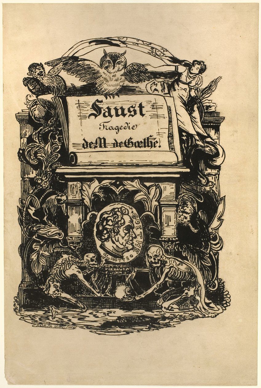 Portrætmedaljon af Goethe, titelblad fra Faust af Achille Devéria