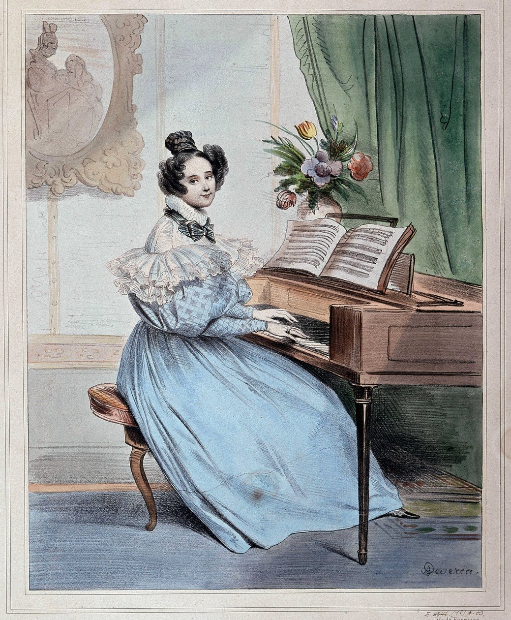 Klokken syv om aftenen, kvinde ved pianoforte ved Devéria, begyndelsen af det 19. århundrede af Achille Devéria
