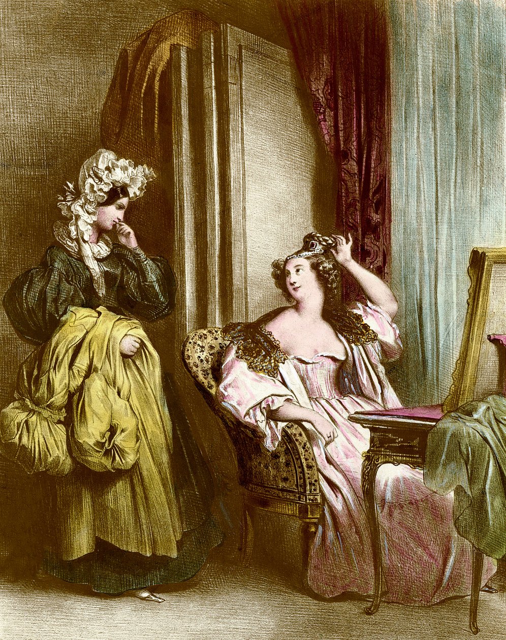 Toilettet: en elegant ung kvinde med sin tjenerinde Litografi af Achilles Deveria (1800-1857) 1800-tallets Collection Particuliere af Achille Devéria