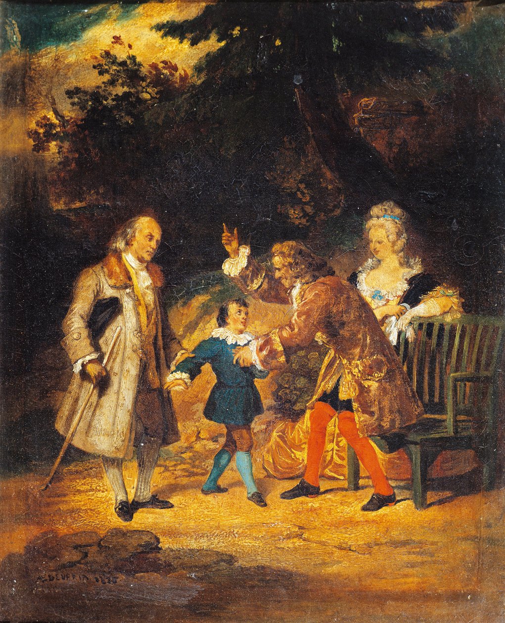 Voltaire (1694-1778) byder Franklin (1706-1790) og hans nevø velkommen af Achille Devéria