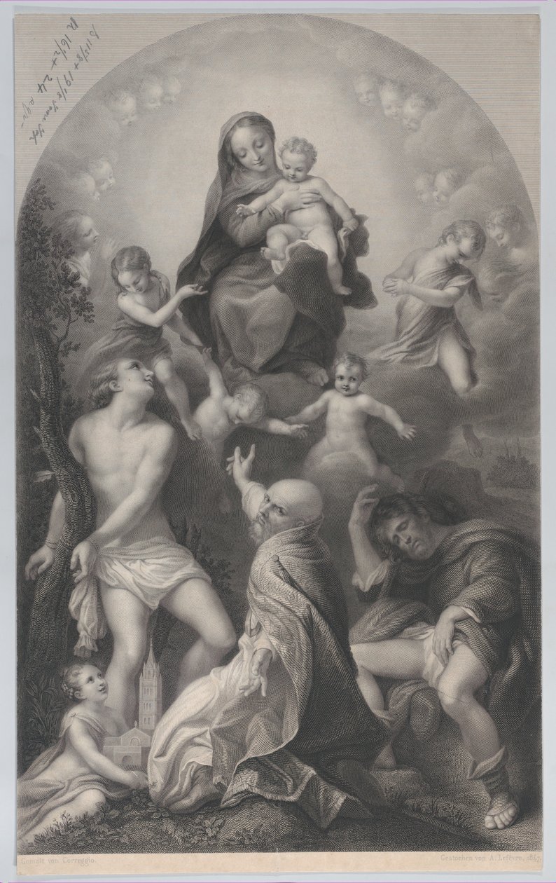 Madonnaen af Saint Sebastian, med jomfruen og barnet, omgivet af engle, ser ud til..., 1847. af Achille Désiré Lefèvre