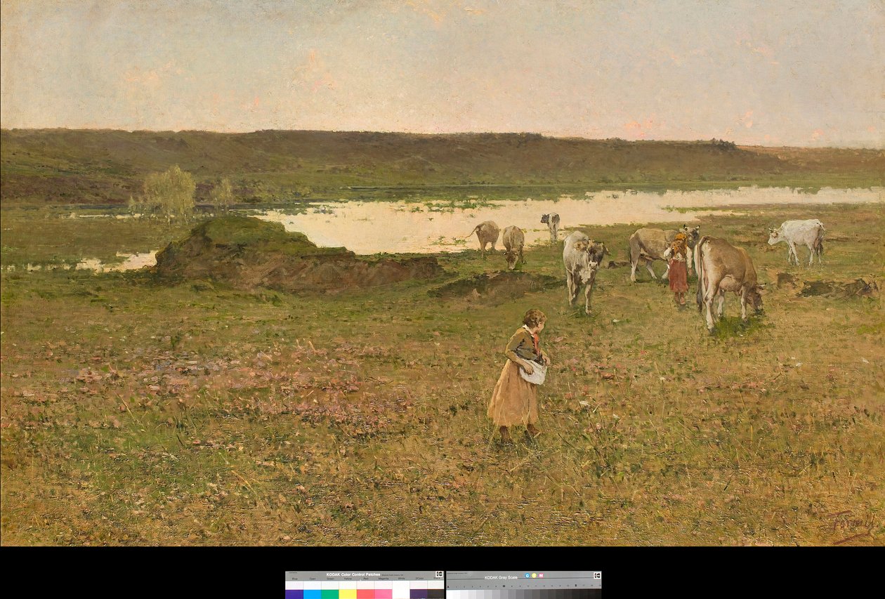Near Sesto Calende, Lombardy, Italy or "Grazing in the Plain" (nær Sesto Calende, Italien eller græsning på sletten) Maleri af Achille Formis (1832-1906) 1887 Privat samling af Achille Formis Befani