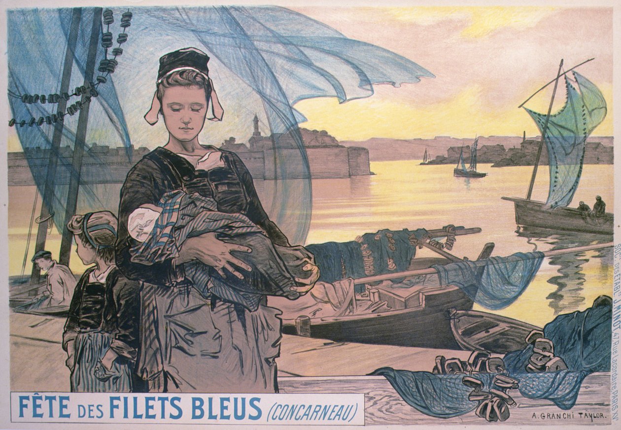 Plakat, der viser Festival of Blue Fishing Nets, Concarneau, Bretagne (farve litho) af Achille Granchi Taylor