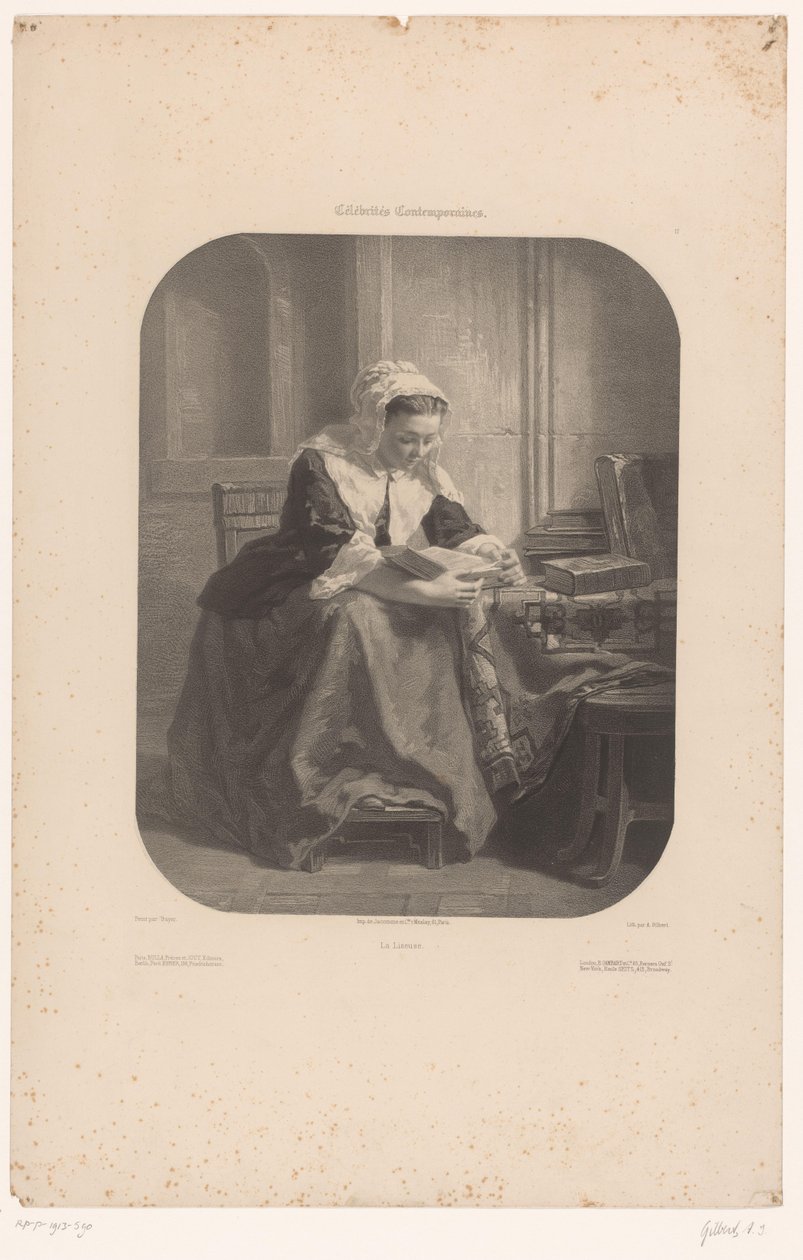læsende kvinde La Liseuse (titel på objekt) Værker af kendte samtidskunstnere (serietitel) Célébrités contemporaines (serietitel på objekt) af Achille Isidore Gilbert