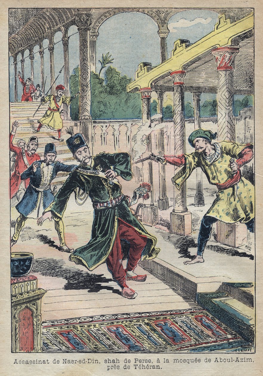 Mordet på Nasser Ed Din (1831-1896), Shah af Persien (Iran) i 1896 (også kaldet Nasseredin Shah, Nasserer-al-Din Shah Qajar, Nasser al-Din Shah Qajar, Nassiruddin Shah) - Illustration af Achille Lemot for " Le-Pelerin" af 1896 - Mordet på af Achille Lemot