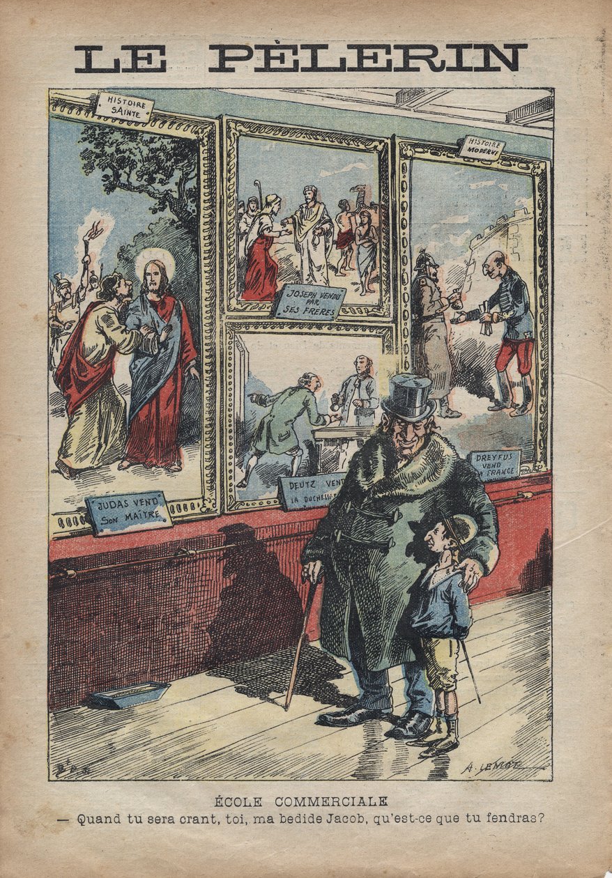 Tegnefilm antisemit af Achille Lemot for "Le-Pelerin"" fra september 1896 - Handelsskole: når du bliver en bevilling, du min ved siden af Jacob, hvad vil du dele? af Achille Lemot