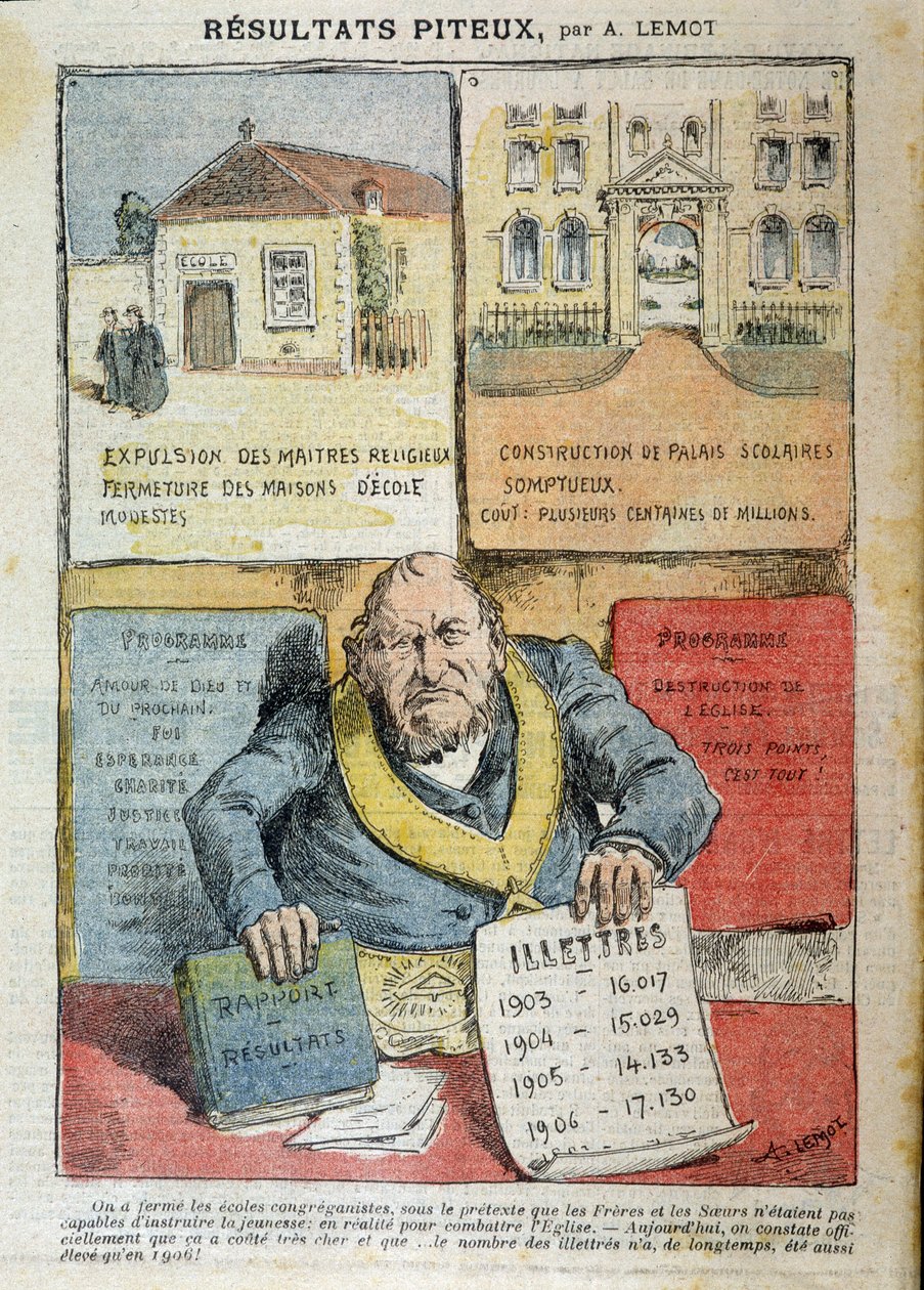 Tegneserie om oppositionen mellem LAIC og privat uddannelse - af Achile Lemot (1846-1909), i “” le Pelerin ”” af Achille Lemot