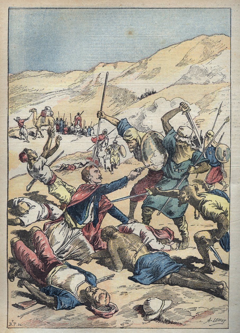 Marquis of Mores (Antoine-Amedee-Marie-Vincent) Manca de Vallombrosa (1858-1896) og hans kammeraters død nær El-Ouatia (El Ouatia) i Tunesien i 1896 - Illustration af Achille Lemot i "" Le-Pelerin" juni 1896 af Achille Lemot