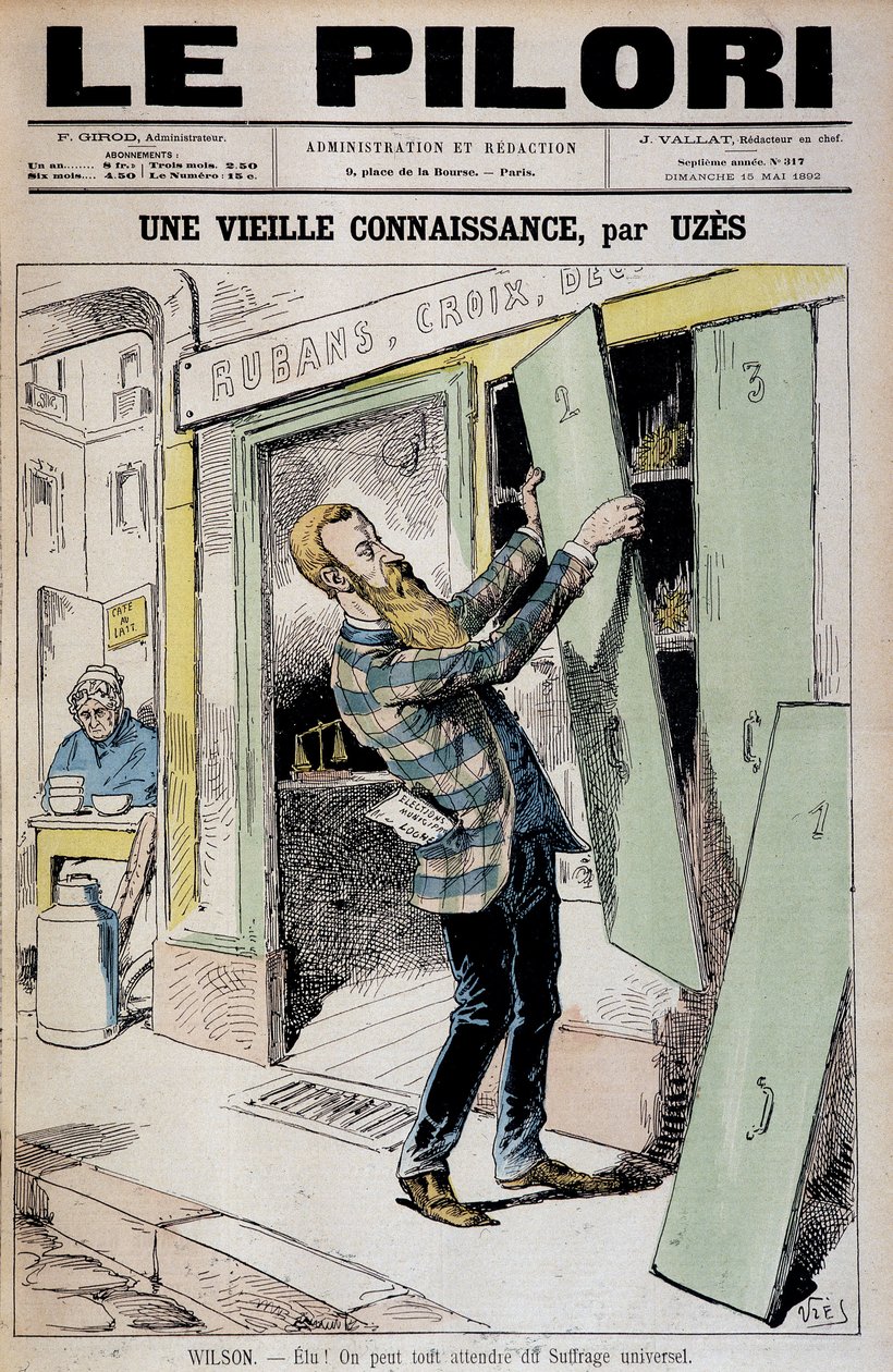 Valgt! Vi kan forvente alt fra almindelig valgret (tegneserie om Daniel Wilson reelu depute) - af Uzes (Achille Lemot dit) (1846-1909), i "" Le Pilori"" af 15/05/1892 af Achille Lemot