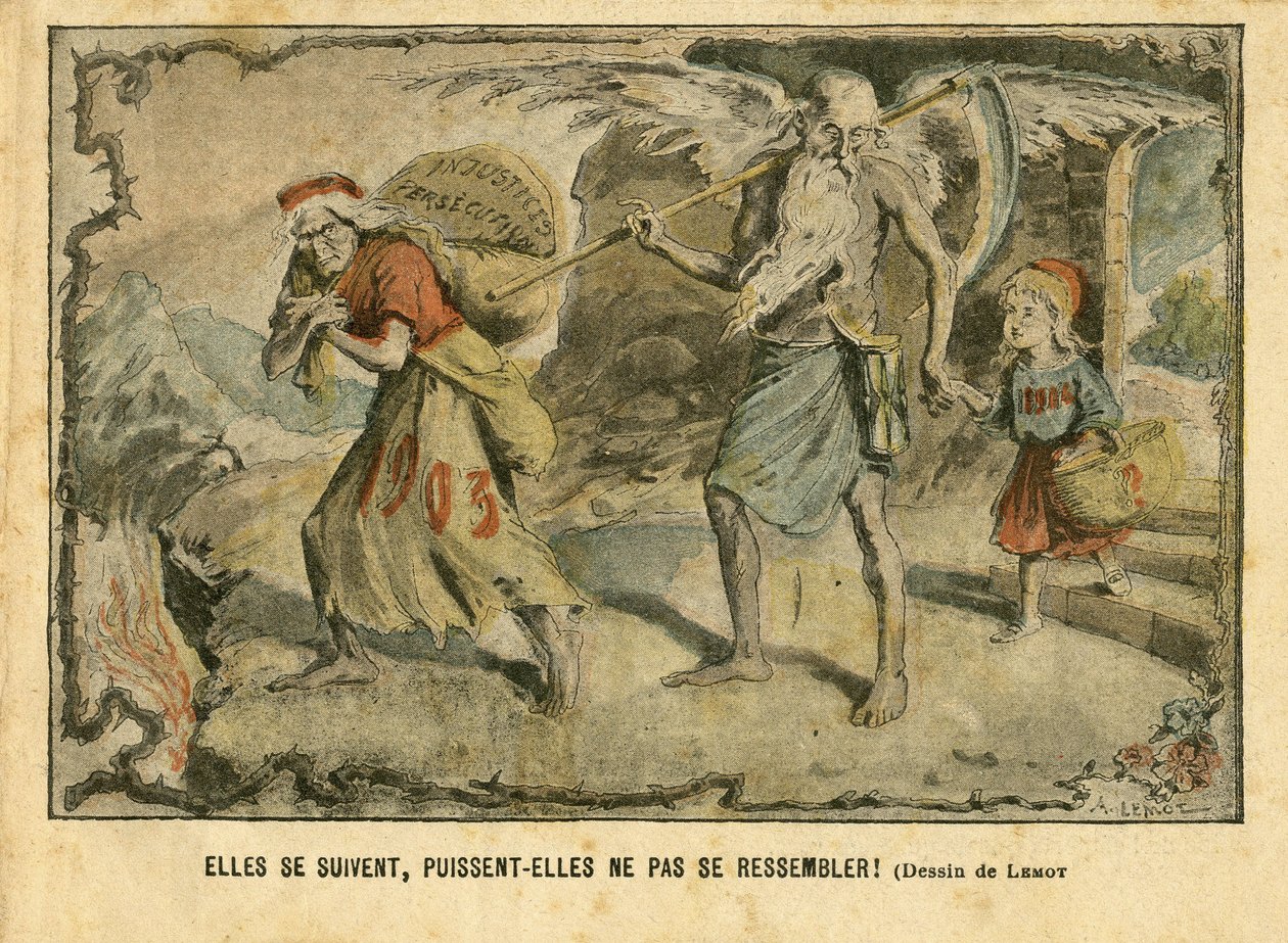 Illustration af Achille Lemot (1846-1909) i Le Pelerin, 03/01/04 - De følger hinanden, må de ikke være ens! Uretfærdighedsforfølgelser - Barndom, Religion Tro, Tid/Årstider, Nytår - Marianne, Tid (Allegori af) - Allegori, Opposition/Associat af Achille Lemot