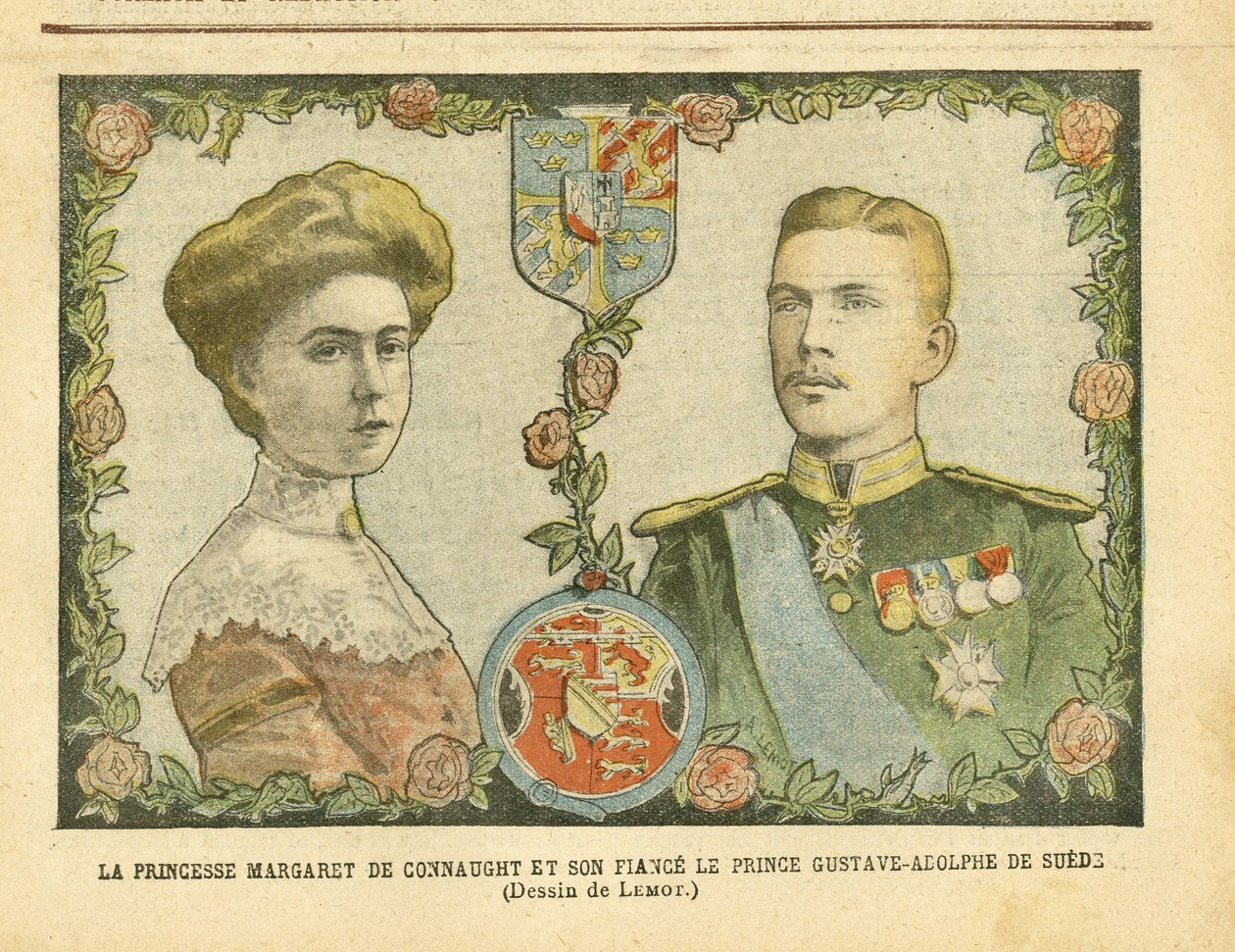 Illustration af Achille Lemot (1846-1909) i Le Pelerin, 21/05/05 - Prinsesse Margaret af Connaught og hendes forlovede Prins Gustave-Adolphe af Sverige - Monarki, Medalje, Foreign Sovereign, Sverige - De Connaught Margaret (1882-1920) , Gustave IV Adolphe  af Achille Lemot