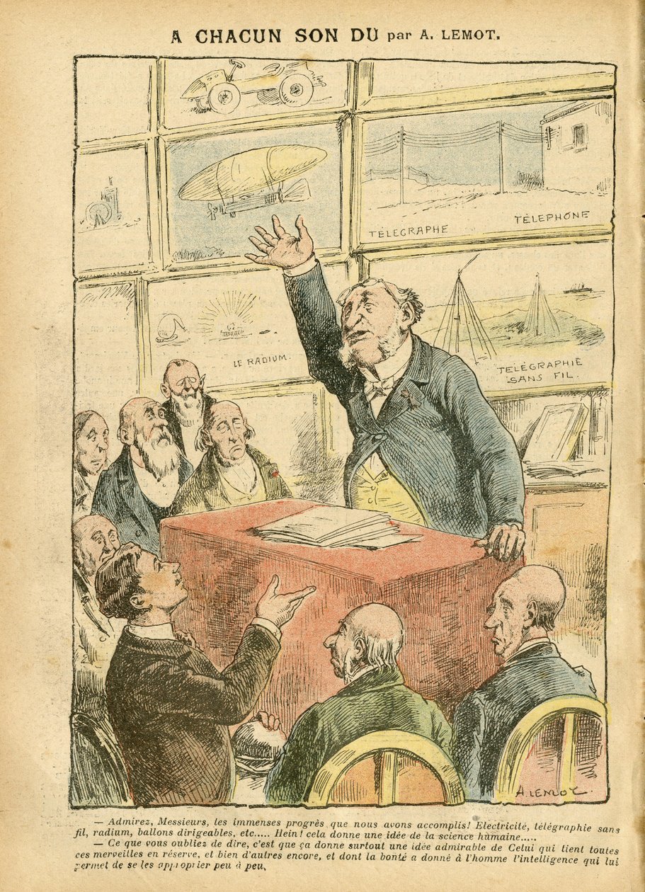Illustration af Achille Lemot (1846-1909) i Le Pelerin, 22/09/07 - Modernit, Automobil, Religion Tro, Ateisme, Fremskridt, Telegraf, Trådløs Telegrafi, Telefon, Radium, Katolsk Katolicisme - Intellektuel af Achille Lemot