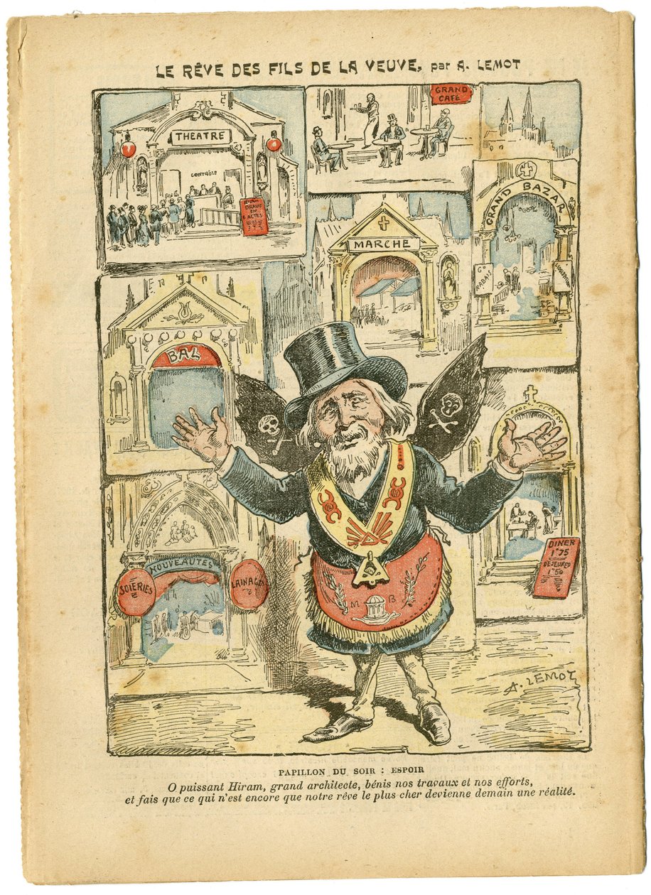 Illustration af Achille Lemot (1846-1909) i Le Pelerin, 23/09/06 - Enkens sønners drøm - Antimilitarisme, Religion Tro, Churches Cathedrales, Katolsk katolicisme - Laicisation af det religiøse rum, Laicisation Laicite Lay-love - Hiram af Achille Lemot