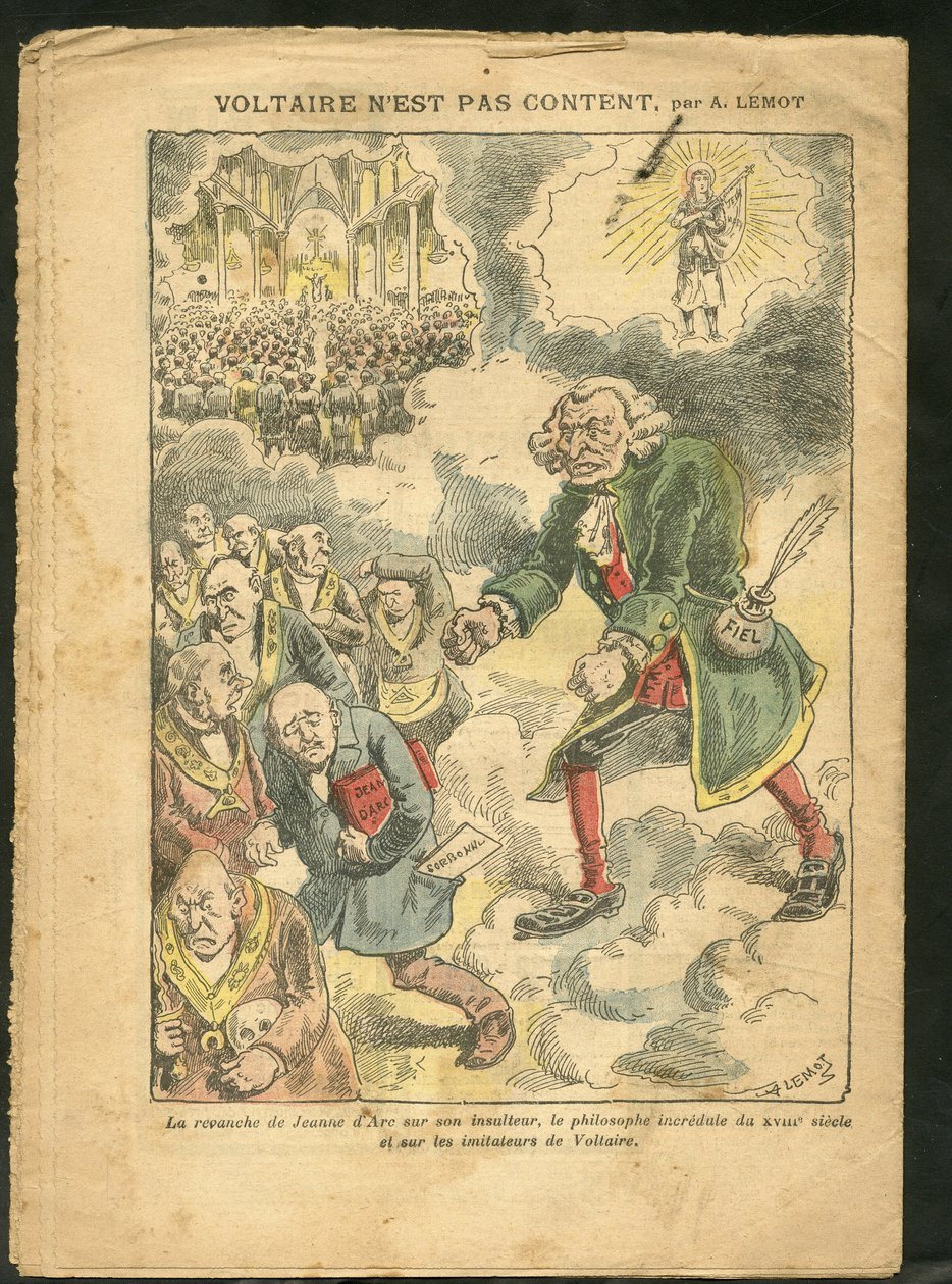Illustration af Achille Lemot (1846-1909) i Le Pelerin, 25/04/09 - Voltaire er ikke glad - Antimaconism Freemaking, Religion Tro, Katolsk katolicisme - Laicisation Laicite Laiques love - Voltaire, Jeanne d