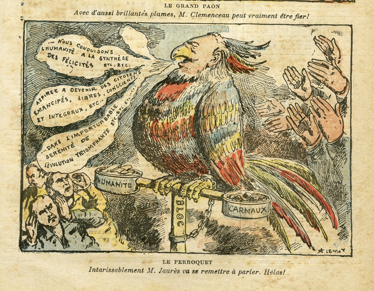 Illustration af Achille Lemot (1846-1909) i Le Pelerin, 26/01/08 - Den store påfugl - Greve, Socialisme, Carmaux, Humanite (dagbog) - Jaures Jean, Parroquet af Achille Lemot