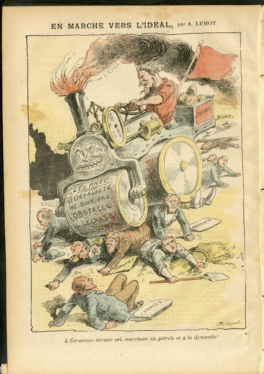 Illustration af Achille Lemot (1846-1909) i Le Pelerin, 27/05/06 - På vej mod det ideelle - Socialt, Bil, Døde Lig, Revolution, Rødt Flag, Økonomi, Socialisme, Pneumatisk, Punktering af Achille Lemot