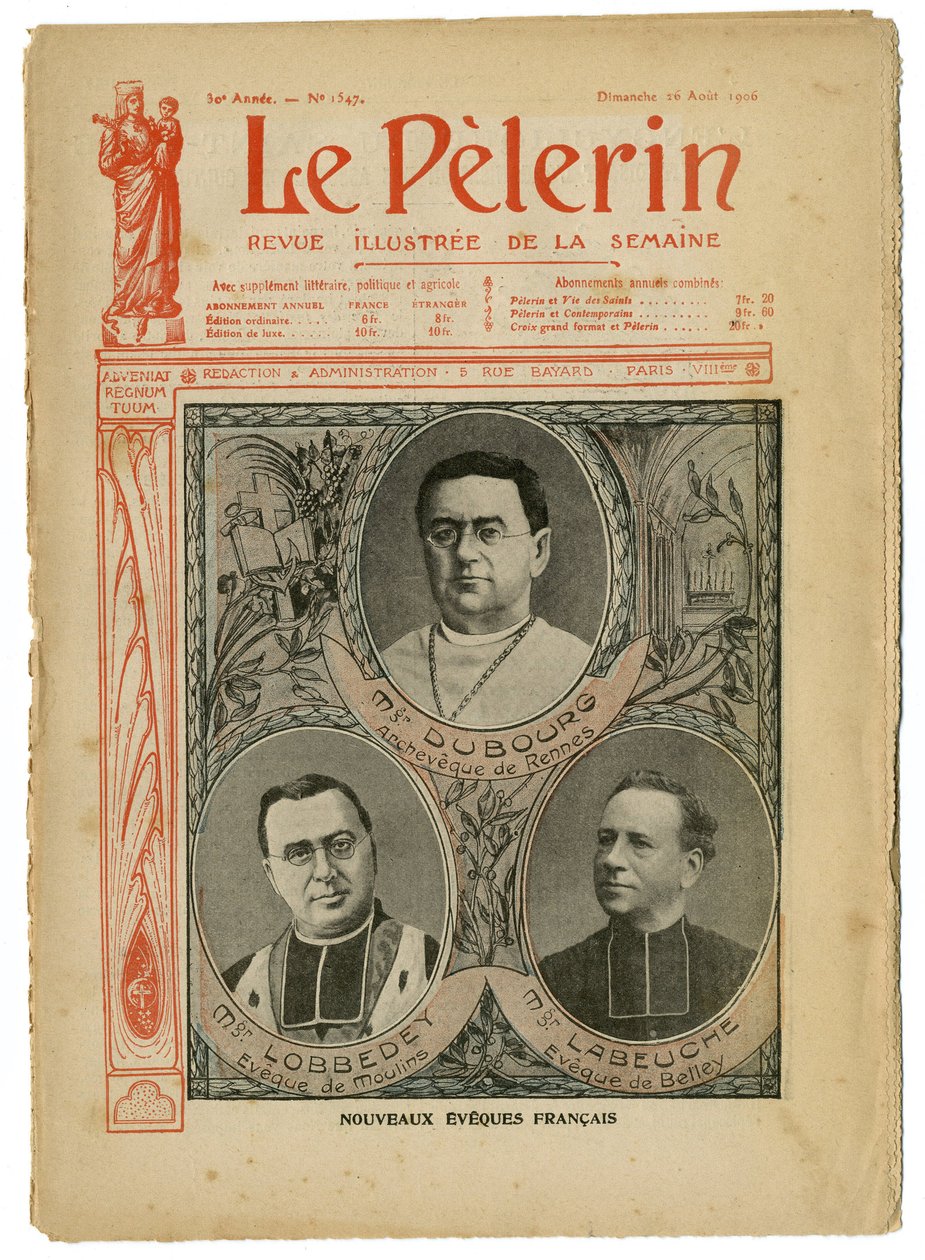 Illustration af Achille Lemot (1846-1909) til forsiden af Le Pelerin, 26/08/06 - New English Eveques - Religion Faith, Catholic Catholicism - Eveques af Achille Lemot