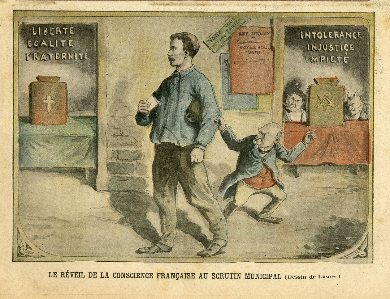 Illustration af Achille Lemot (1846-1909) i Le Pelerin, 01/05/04 - Den franske samvittigheds opvågning til kommunal afstemning - Valg, Religion Tro, Bloc des lefts, Catholicism Catholique - Laicisation Laicite Sekulære love - Combes Emile (1835) -1921), af Achille Lemot