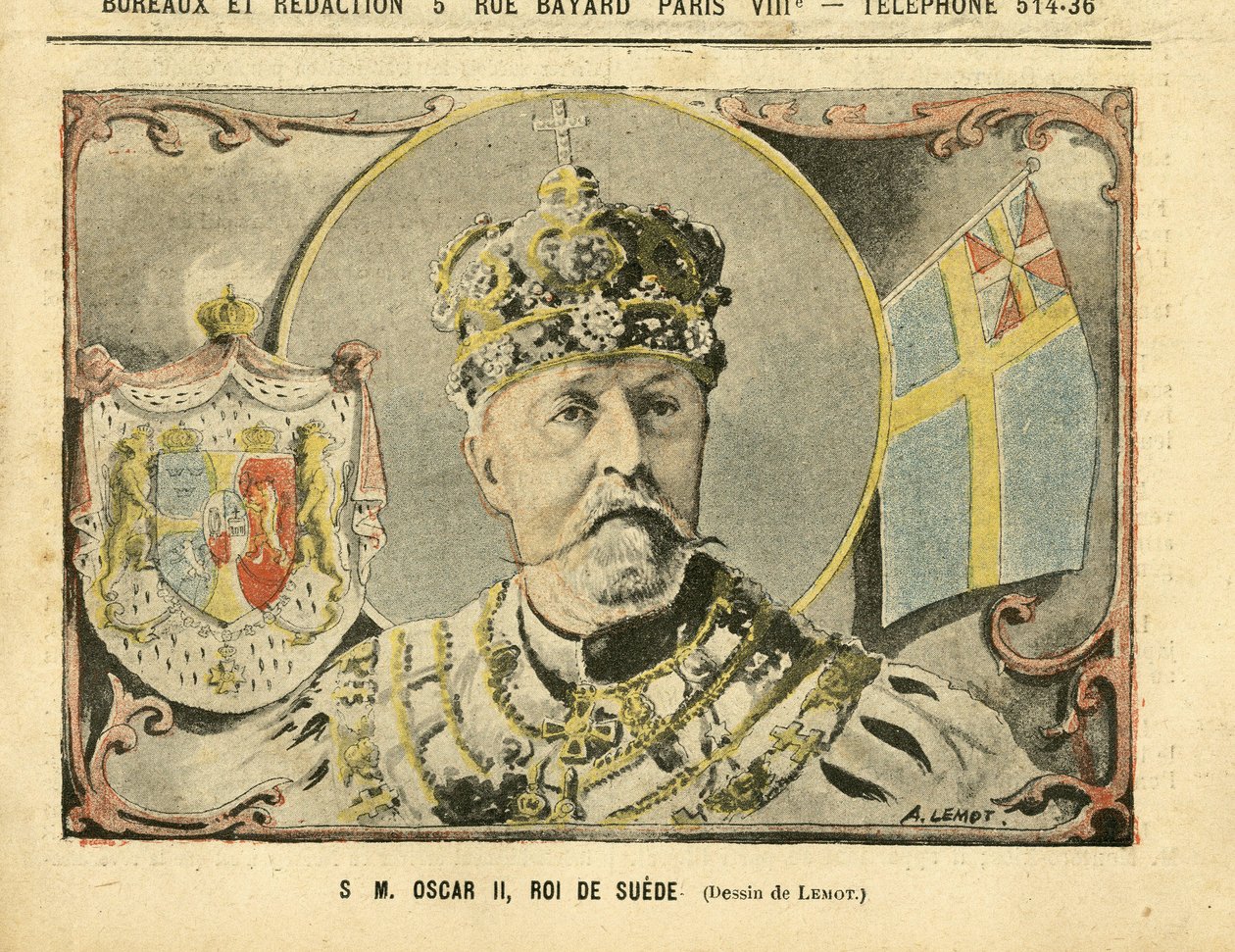 Illustration af Achille Lemot (1846-1909) i Le Pelerin, 02/07/05 - Hans Majestæt Oscar II, konge af Sverige - Monarki, Sverige - Oscar II af Achille Lemot